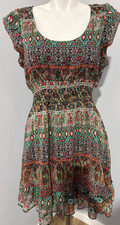American Rag Women Large Mini Dress Boho Ruffled Smocked Waist Lined