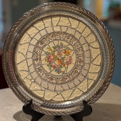 Vintage Silverplate Broken China Mosaic Tray | Handcrafted Floral Decorative Gal