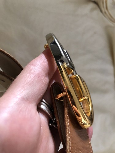 Plateado Oro Ovalado Doble G Vintage GUCCI Cinturón Hebilla en Cinturón Cuero Tostado 32-34 - Imagen 12 de 17