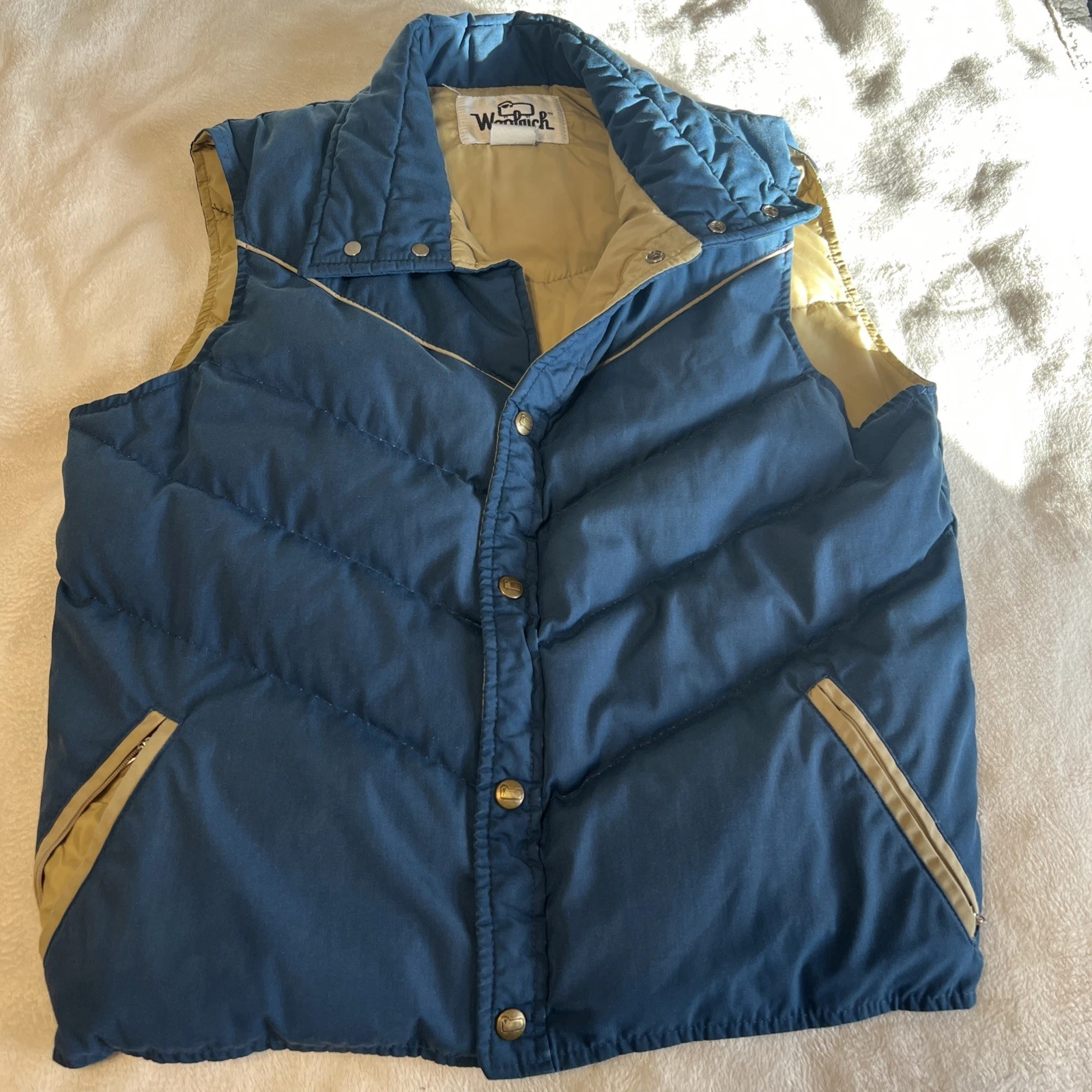Woolrich Mens Down Puffer Vest Blue Tan Western Yoke Vintage USA Small