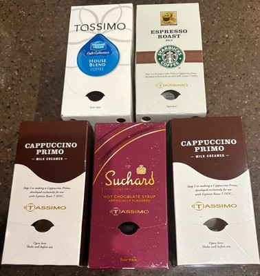 BULK 5 boxes TASSIMO Pods-expresso , chocolate,cappuccino primo, house blend