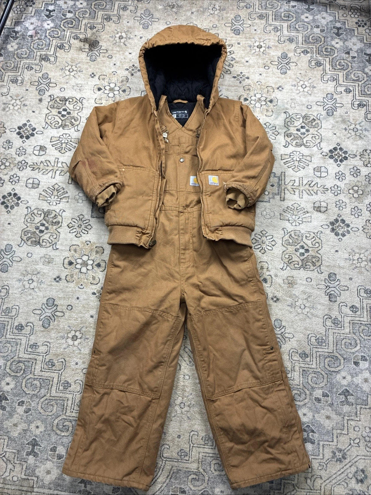 Carhartt Youth Active Jacket & Overalls Set (Size S 7–8, Insulated, Brown)