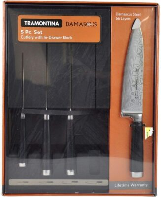NEW Tramontina Damascus 5 Pc. Premium VG10 Steel Knife Set with In-drawer Block 