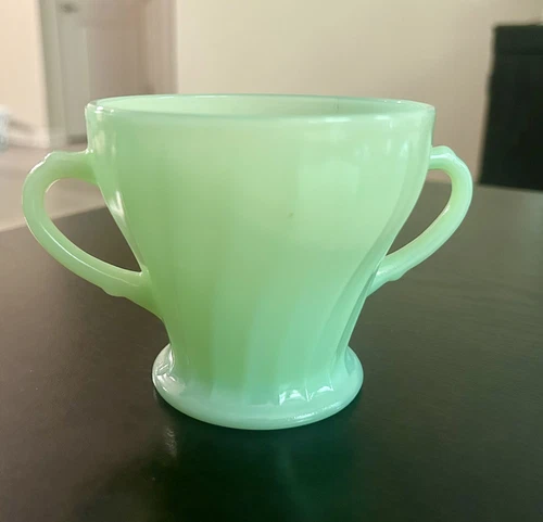 VTG Fire-King Jadeite Swirl Shell Double D Handle Sugar Bowl, ca 1962-1974.