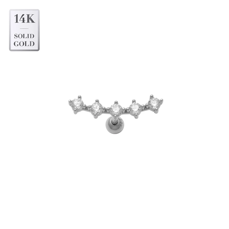 Pendiente de cartílago hélice escalador circonita cúbica de cinco piedras oro macizo real de 14K 18G Foto 4 de 4