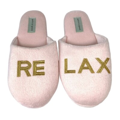 Patricia Green Relax Slide Slippers, Size XL (10), Pink w Gold, Plush Velour