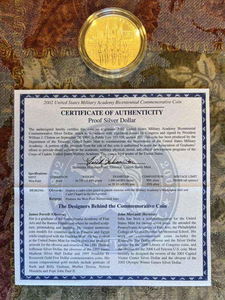 2002 W US Military Academy Bicentennial Proof 90% Silver Dollar Coin, With COA - Image 4 of 4
