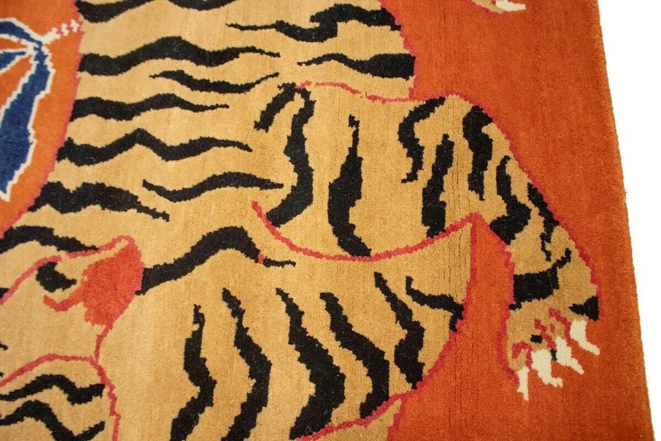 Tapete de lã tufado feito à mão design tibetano laranja oriental padrão tigre tapetes decorativos - Imagem 3 de 4