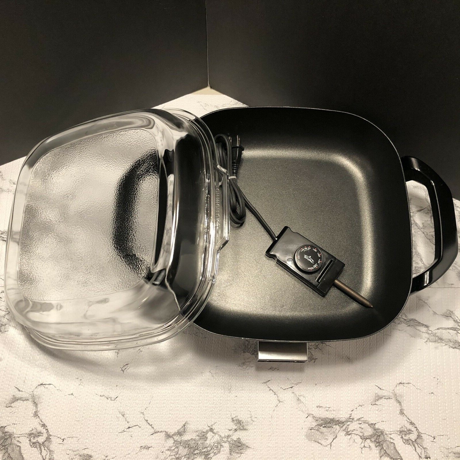 Vintage Rival Electric Skillet Frying Pan Roaster S12G 10x10 W/ Glass