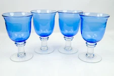 Set of 4 Hand Blown Cobalt Blue Glass Goblets on Clear Footed Bubble Seeded Stem