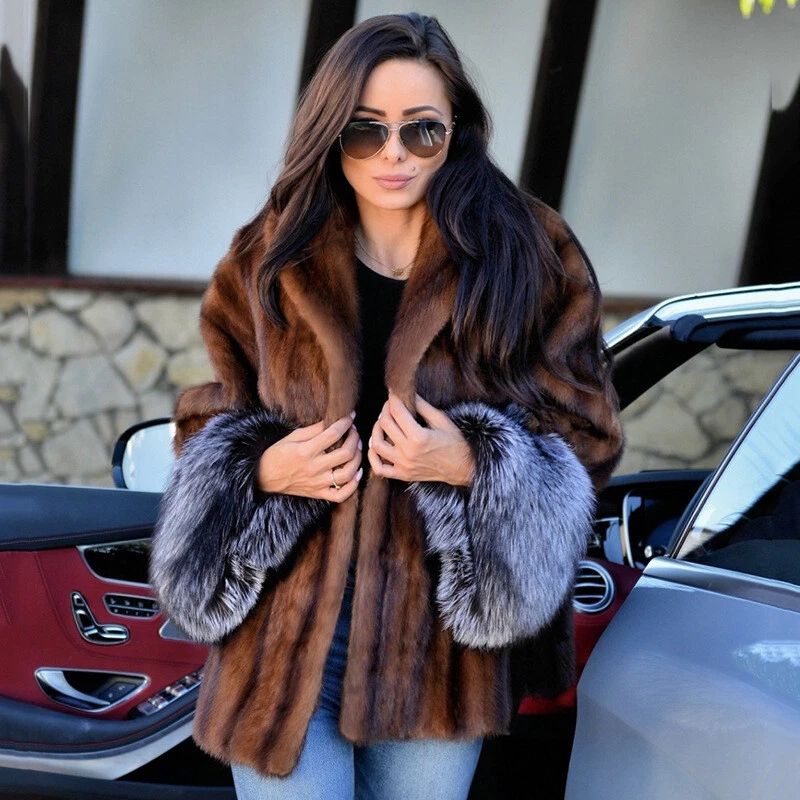 New Mink Coat with Silver Fox Fur Cuffs Imitation Fur Coat Faux Fur Coat Women