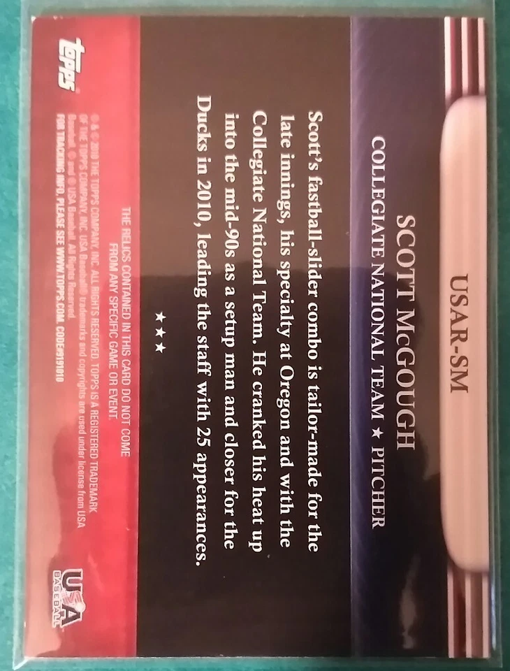 2010 TOPPS USA BASEBALL SCOTT MCGOUGH TRIPLE JERSEY COLLEGIATE TEAM AMERICA US - Image 2 of 3