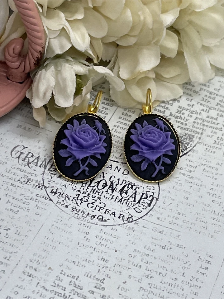 Pendientes camafeo cumpleaños oro púrpura y negro gótico rosa boda Foto 4 de 4