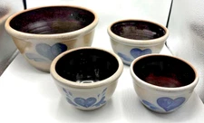 Set of 4 Vtg ROWE POTTERY WORKS Salt Glazed Stoneware BLUE HEART Mixing Bowls