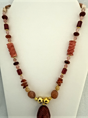 Gold Carnelian Agate Cherry Quartz ~ Ceramic Center ~ 22" Beaded Necklace - Picture 3 of 9