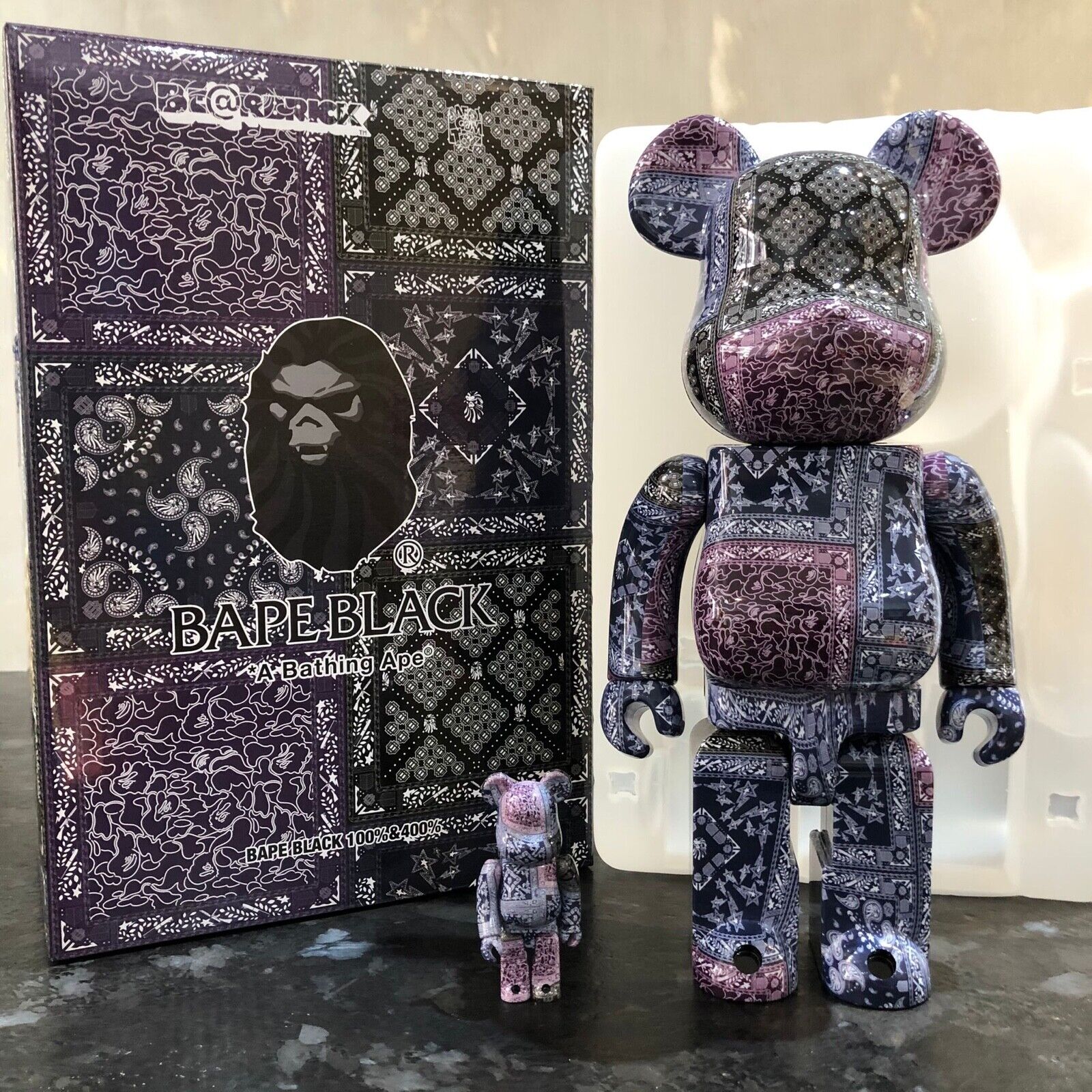 Medicom 400% + 100% Bearbrick ~ A Bathing Ape Be@rbrick Bape Black Bandana