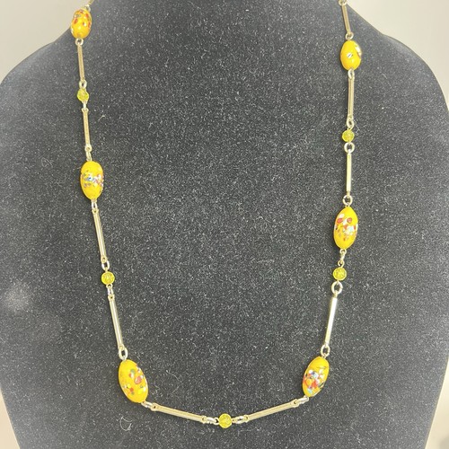 Vintage Venetian Art Glass Egg Shape Bead Gold Tone Bar Chain Link Necklace - Picture 2 of 6