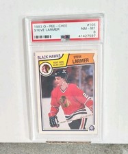 1983 OPC Steve Larmer Rc PSA 8 Graded 1983-84 O-Pee-Chee Rookie Card. rookie card picture