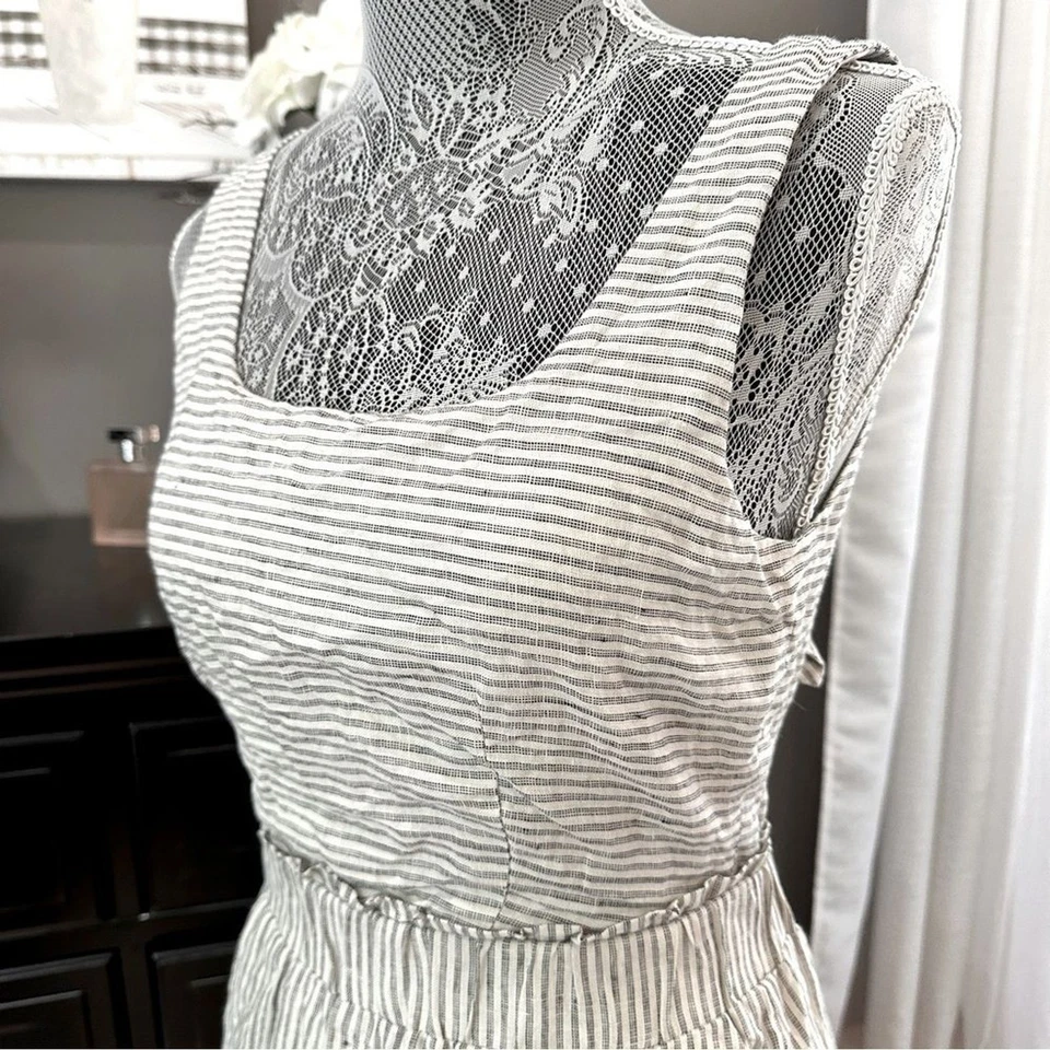 Mini Vestido GREYLIN Mezcla de Lino Gris Blanco Rayas Espalda Abierta Talla XS Foto 4 de 4