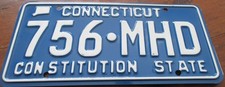 CONNECTICUT CONSTITUTION STATE BLUE WHITE LICENSE PLATE #  756 MHD MINT