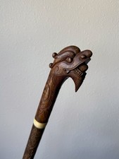 Hand Carved Wood Walking Cane with Bone Inlay Dragon Collapsible Vintage Wooden