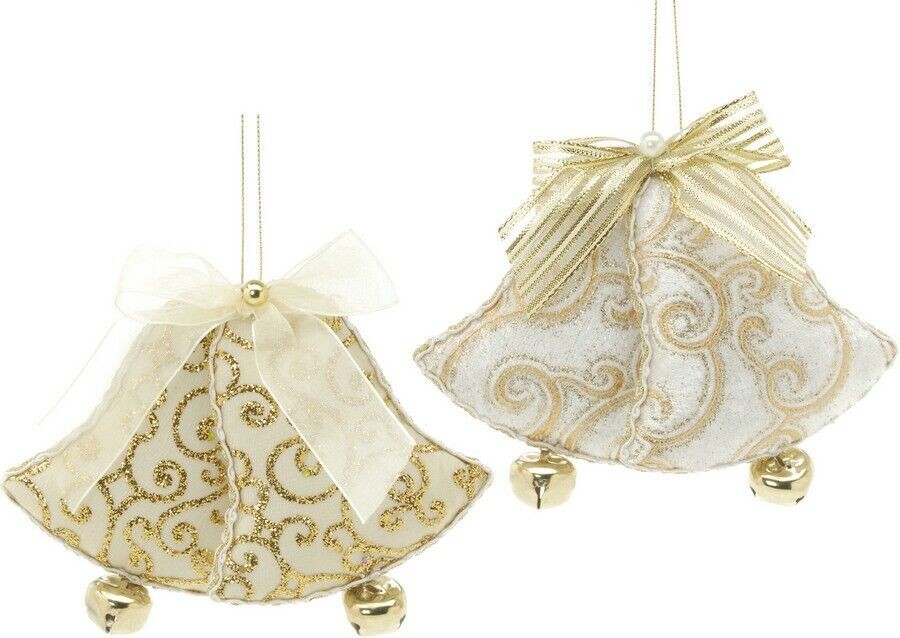 Christmas Tree Hanging Decorations - Gold Fabric Beaded Bells Pack of 2 Assorted