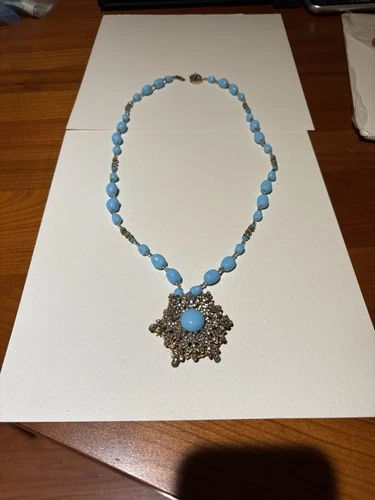 Miriam Haskell Signed Blue Bead Necklace w/ Gold Toned Filigree/Crystal Pendant