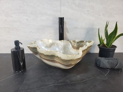 Onyx Stone Vessel Bathroom Sink, 19.5 x 16 inch Neutral White and Brown Sink