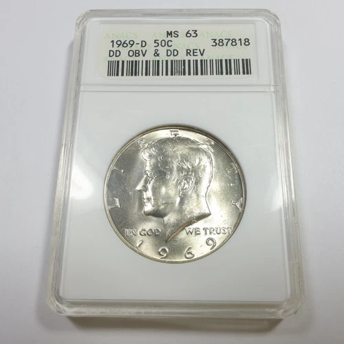 1969 D ANACS MS63 Double Die Obverse Reverse Silver Kennedy Half Dollar #56126A
