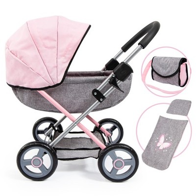 Puppenwagen Cosy grau rosa Schmetterling Kissen und Pflegetasche  12733AA