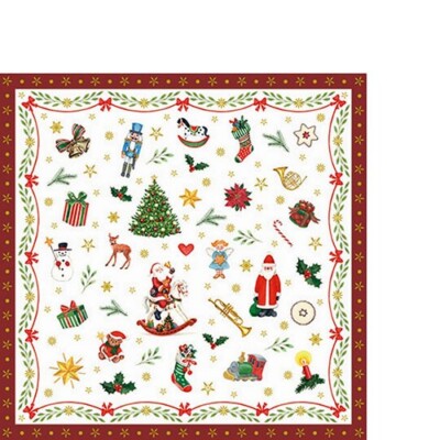 20 kleine Cocktailservietten Ornaments all over red - Kleine Weihnachtssymbole r