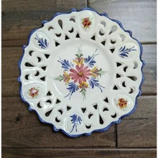 Vintage Portuguese Pierce Rim Hand Painted Decorative Plate flower floral