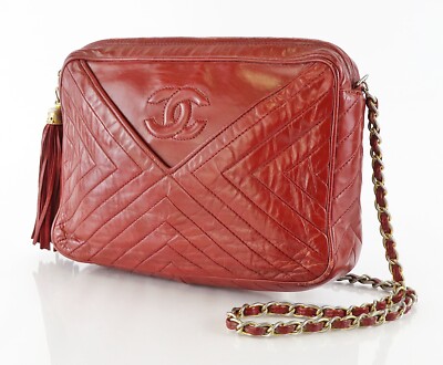 Borsa a tracolla originale CHANEL in pelle di vino rosso e catena oro  #60126