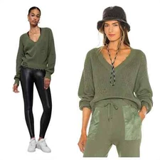 Ser.O.Ya Syd Sweater Green Distressed V-Neck Pullover Size M