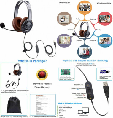 Emaiker USB Headset with Noise Cancelling Microphone Mic Mute