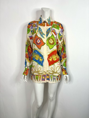 Vtg Gianni Versace Flag Print Silk Shirt 42 M - 第 1/5 張圖片