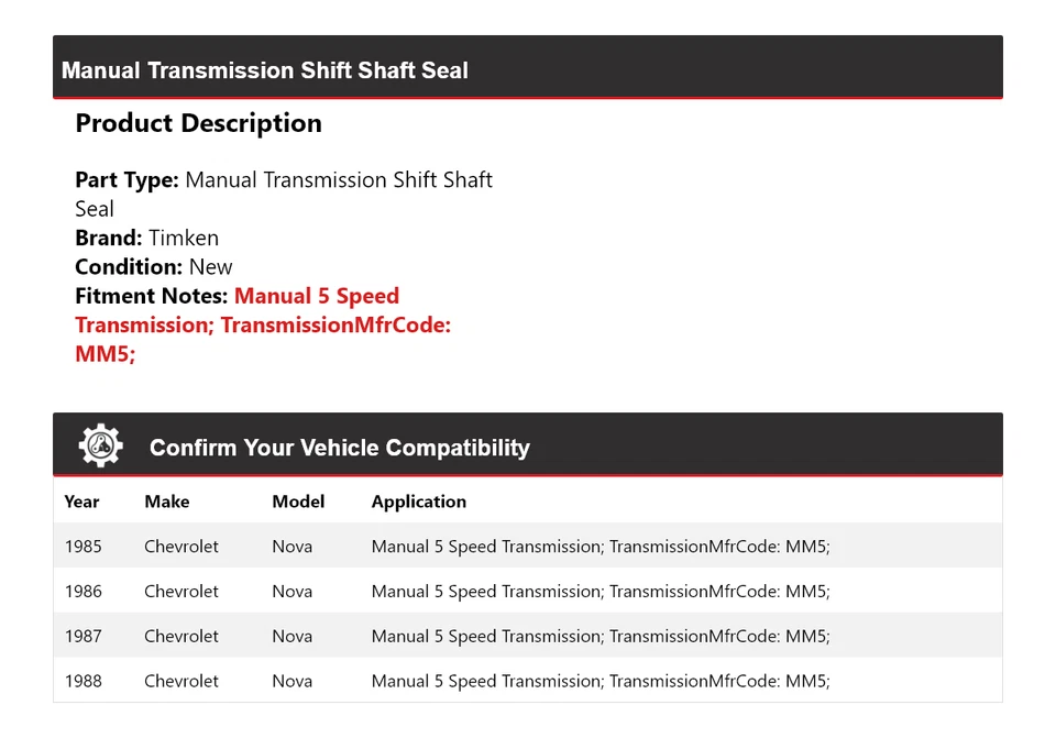 For 1985-1988 Chevrolet Nova Manual Transmission Shift Shaft Seal Timken 1986 - Image 2 of 4