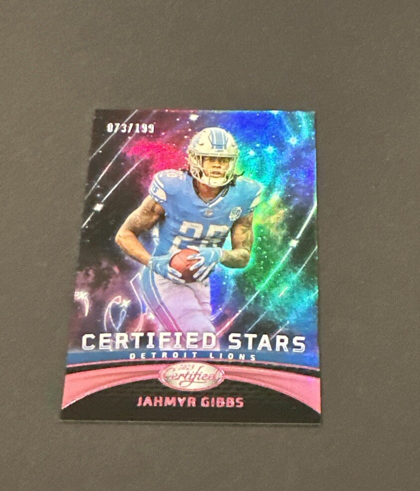 2023 PANINI CERTIFIED JAHMYR GIBBS CERTIFIED STARS MIRROR PINK SP RC #’d 073/199