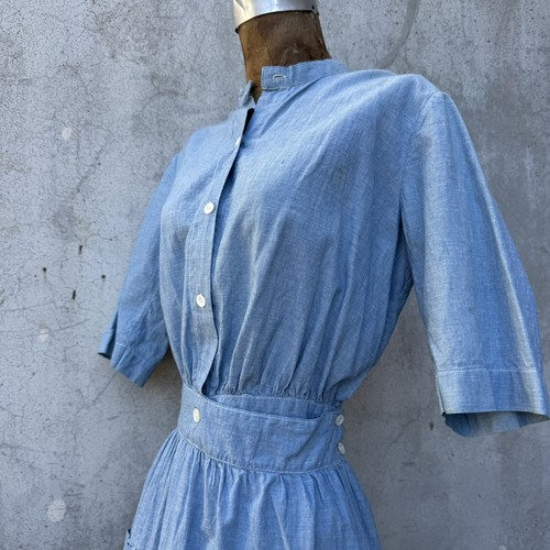 Antique Edwardian Blue Chambray Cotton Dress Workwear Prairie Maxi Vintage - Picture 13 of 23