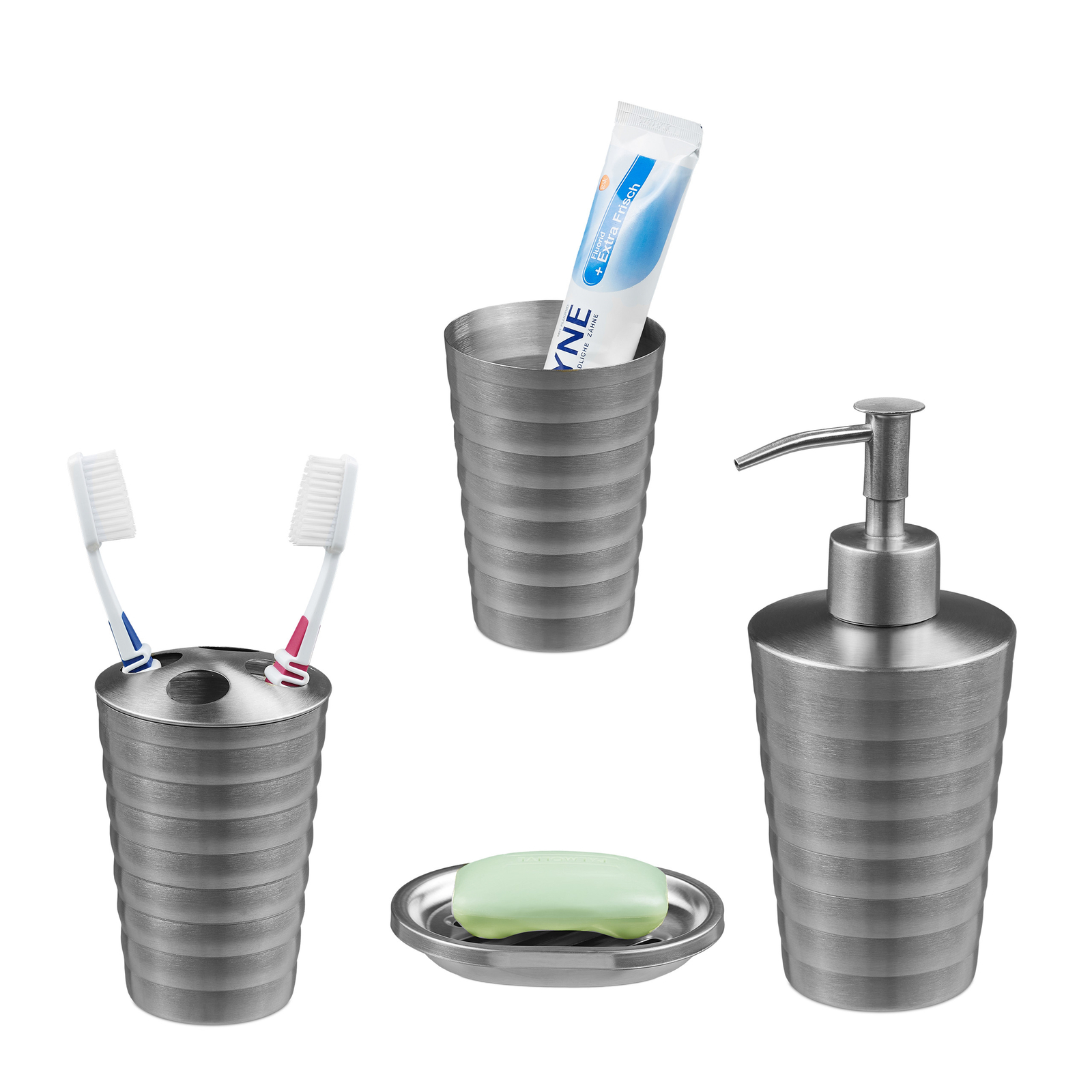 Set 4 accessori bagno porta sapone liquido saponetta spazzolino acciaio inox
