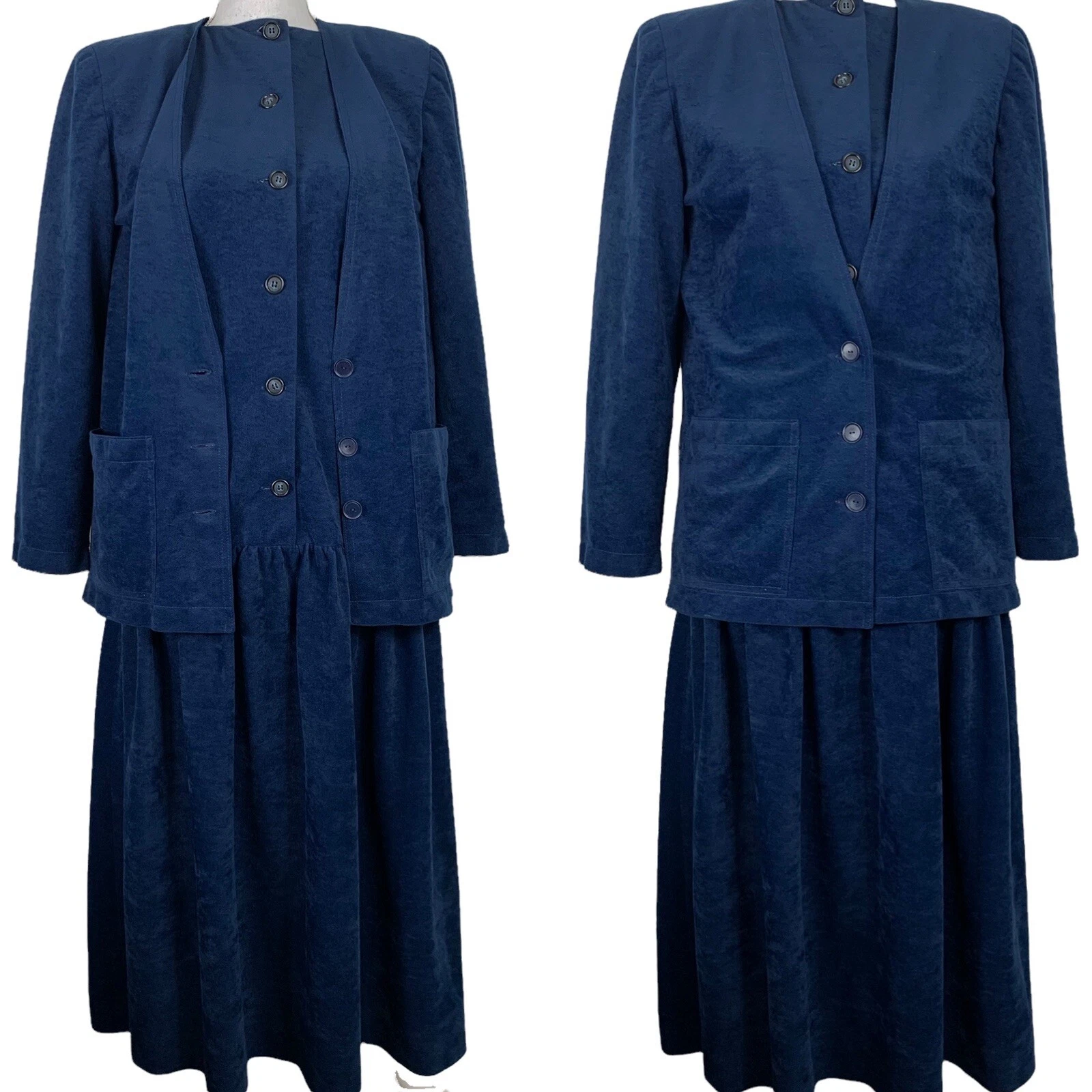 Vintage Dress Set Velvet Navy Blue Long Sleeve Midi Dress Blazer Size S/M
