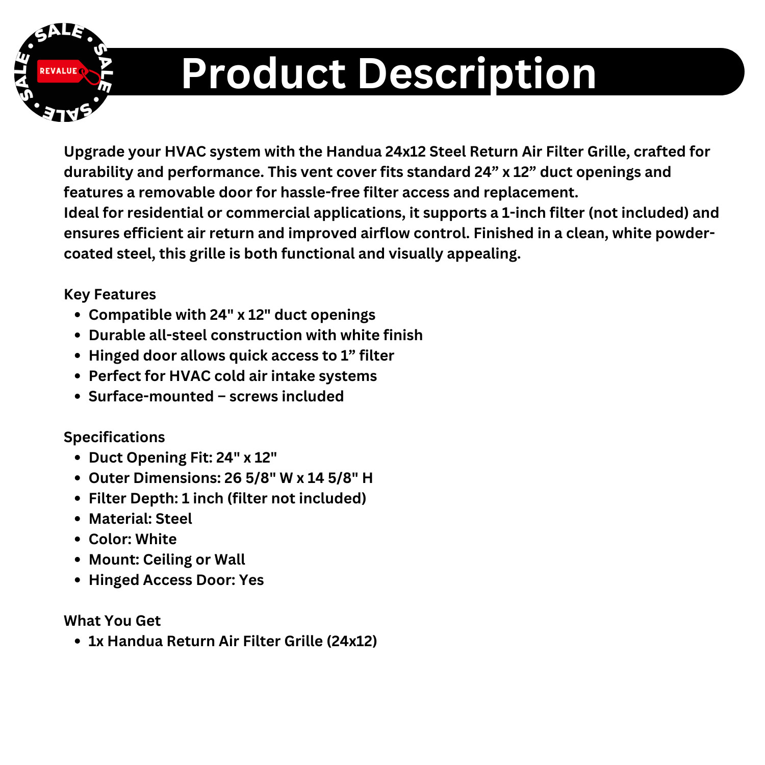 24x12 Return Air Filter Grille Vent Cover by Handua – HVAC Steel Intake White