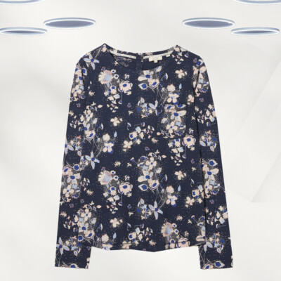 Ex Fat Face Women's Long Sleeve Cotton Meadow Top in Indigo Blue (Defect)