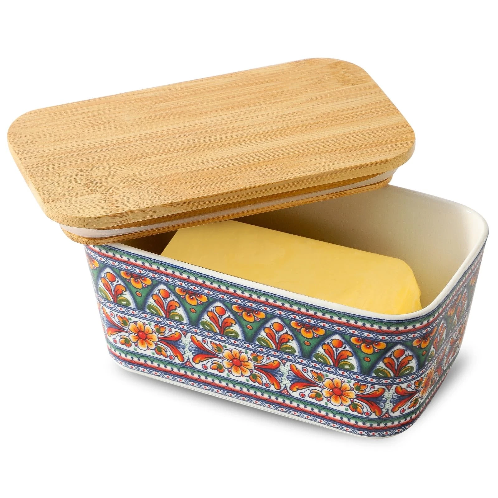 Bohemian Butter Dish, Farmhouse Ceramic Butter Dish with Lid for Fridge, Butt...