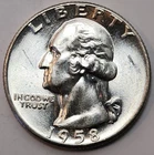 1958 P Washington Quarter 25c 90% Silver US Coin Unc BU Philadelphia Mint Q-P58G