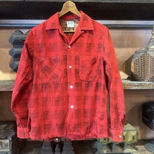 1950s Printed Cotton Flannel Loop Collar Button Shirt Repairs Distressed Faded