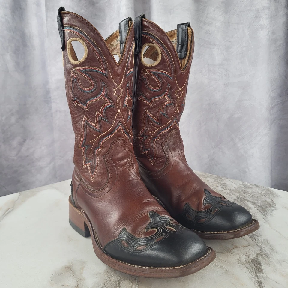 Botas vaqueras occidentales punta de ala punta cuadrada Boulet para mujer talla 7 C negras/marrones Foto 2 de 4