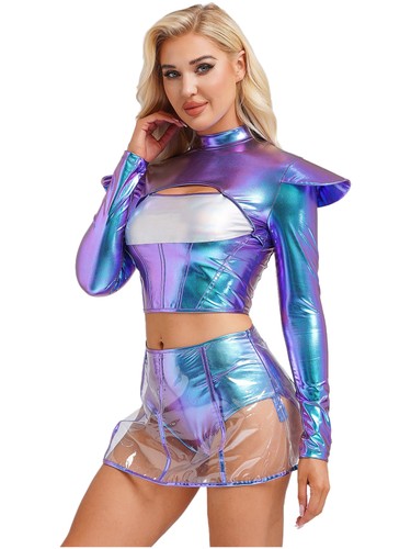 Women 2 Piece Festival Outfit Crop Top Space Alien Transparent Costume Shiny - Picture 13 of 44