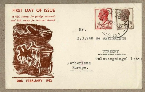 Australia 1952 Haslem Coach and Plane KGVI 4½d 6½d FDC Cover to Netherlands
