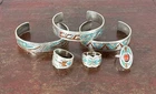 89g Vtg Lot 6 Navajo Turquoise Coral Chip Inlay Coin/Sterling Silver Cuff Ring